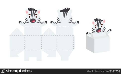 Simple packaging favor box zebra design for sweets, candies, small presents. Party package template for any purposes, birthday, baby shower. Print, cut out, fold, glue. Vector stock illustration