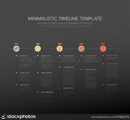 Simple pastel colors timeline template with icons and descriptions. Vector Infographic typography timeline report template