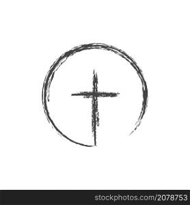 Simple pencil drawing of a cross in a circle. Flat isolated Christian vector illustration, biblical background.. Simple pencil drawing of a cross in a circle. Flat isolated Christian illustration