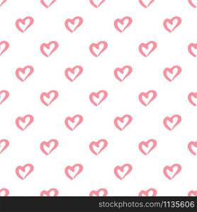 Simple pink hearts seamless pattern on white background. Valentines Day backdrop. Design for fabric, textile print, wrapping paper. Vector illustration. Simple geometric pink hearts seamless pattern on white background.