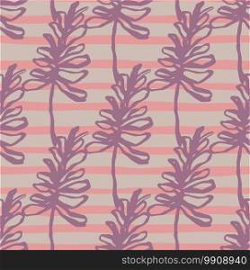 Simple purple contoured branch shapes seamless pattern. Pink and grey stripped background. Great for wallpaper, textile, wrapping paper, fabric print. Vector illustration.. Simple purple contoured branch shapes seamless pattern. Pink and grey stripped background.