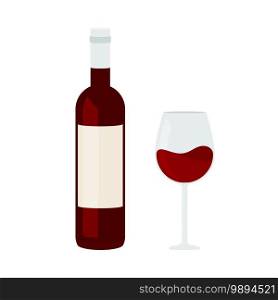 Simple red wine bottle and wine glass in vector