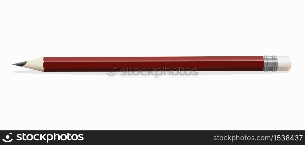 Simple red wooden pencil on a white background. Stationery for drawing. A simple pencil with an eraser.. Simple red wooden pencil on a white background.