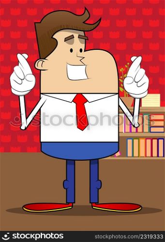Simple retro cartoon of a businessman crossing his fingers and wishing for good luck. Professional finance employee white wearing shirt with red tie.