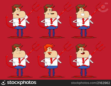 Simple retro cartoon of a businessman devil with pitchfork. Professional finance employee wearing white shirt with red tie.