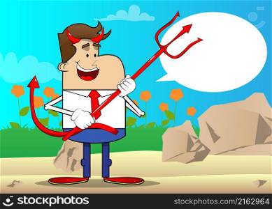 Simple retro cartoon of a businessman devil with pitchfork. Professional finance employee wearing white shirt with red tie.