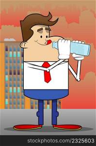 Simple retro cartoon of a businessman drinking water from a glass bottle. Professional finance employee white wearing shirt with red tie.