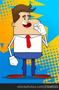 Simple retro cartoon of a businessman gesturing a small amount with hand. Professional finance employee white wearing shirt with red tie.