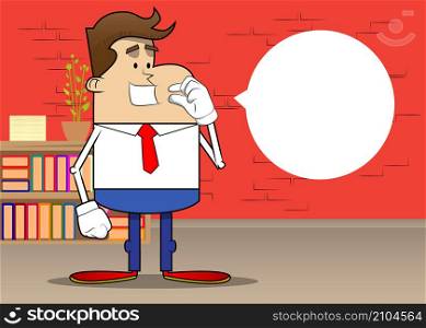 Simple retro cartoon of a businessman gesturing a small amount with hand. Professional finance employee white wearing shirt with red tie.