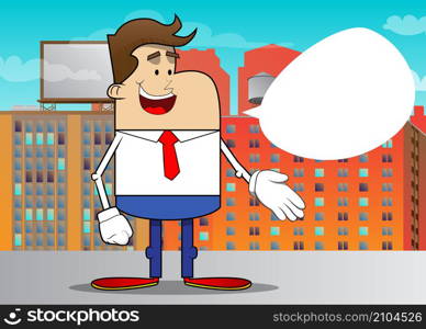 Simple retro cartoon of a businessman giving a hand. Professional finance employee white wearing shirt with red tie.