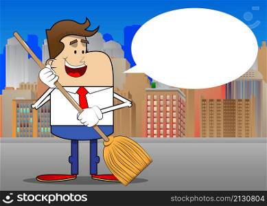Simple retro cartoon of a businessman holding a broom. Professional finance employee white wearing shirt with red tie.