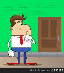 Simple retro cartoon of a businessman holding a pencil. Professional finance employee white wearing shirt with red tie.
