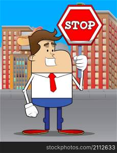 Simple retro cartoon of a businessman holding a stop sign. Professional finance employee white wearing shirt with red tie.