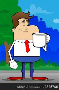 Simple retro cartoon of a businessman holding big mug. Professional finance employee white wearing shirt with red tie.