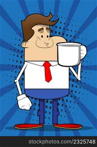 Simple retro cartoon of a businessman holding big mug. Professional finance employee white wearing shirt with red tie.