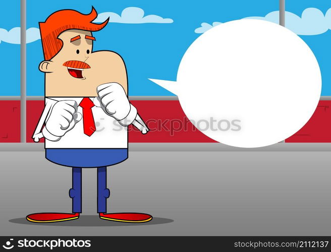 Simple retro cartoon of a businessman holding his fists in front of him ready to fight. Professional finance employee white wearing shirt with red tie.