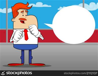 Simple retro cartoon of a businessman holding his fists in front of him ready to fight. Professional finance employee white wearing shirt with red tie.