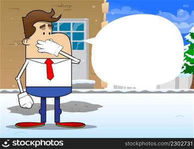 Simple retro cartoon of a businessman holding his nose because of a bad smell. Professional finance employee white wearing shirt with red tie.