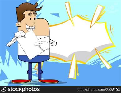 Simple retro cartoon of a businessman holding white paper and pointing at it. Professional finance employee white wearing shirt with red tie.