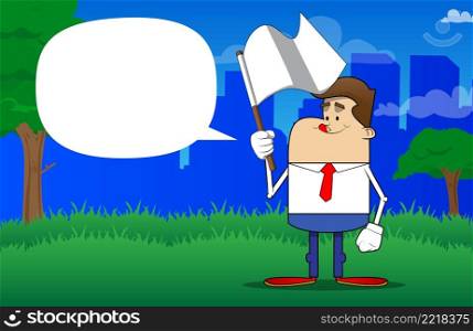 Simple retro cartoon of a businessman holds white flag of surrender. Professional finance employee white wearing shirt with red tie.