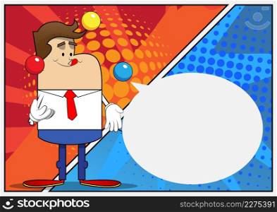 Simple retro cartoon of a businessman juggler. Professional finance employee white wearing shirt with red tie.