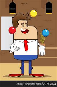 Simple retro cartoon of a businessman juggler. Professional finance employee white wearing shirt with red tie.