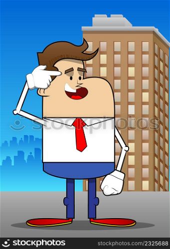 Simple retro cartoon of a businessman putting an imaginary gun to his head. Professional finance employee white wearing shirt with red tie.