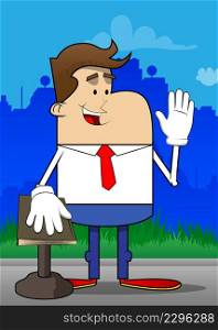 Simple retro cartoon of a businessman raising his hand and put the other on a holy book. Professional finance employee white wearing shirt with red tie.