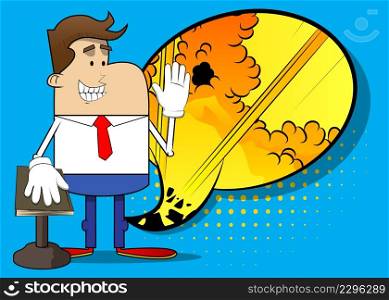 Simple retro cartoon of a businessman raising his hand and put the other on a holy book. Professional finance employee white wearing shirt with red tie.
