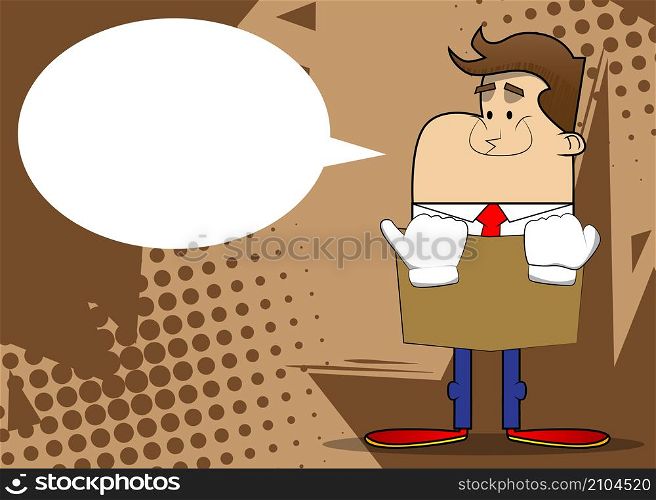 Simple retro cartoon of a businessman reading book and hiding behind it. Professional finance employee white wearing shirt with red tie.