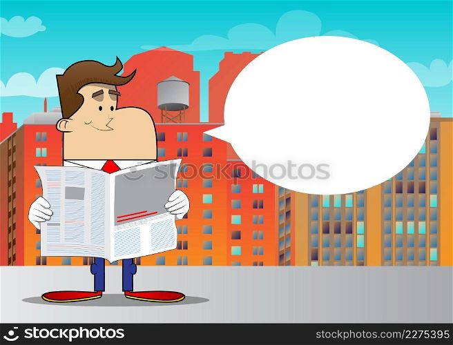 Simple retro cartoon of a businessman reading newspaper. Professional finance employee white wearing shirt with red tie.
