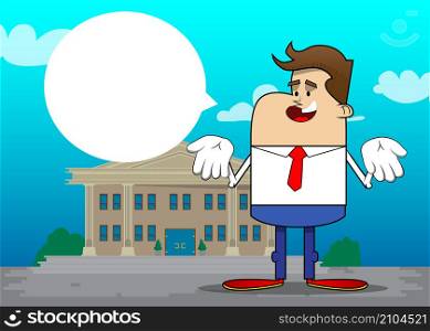 Simple retro cartoon of a businessman showing something with both hands or expressing don't know gesture. Professional finance employee white wearing shirt with red tie.