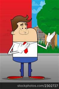 Simple retro cartoon of a businessman showing something with both hands, powerful hand gesture. Professional finance employee white wearing shirt with red tie.