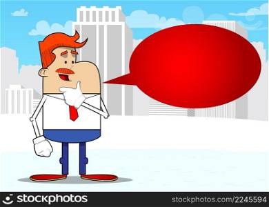 Simple retro cartoon of a businessman thinking. Professional finance employee white wearing shirt with red tie.
