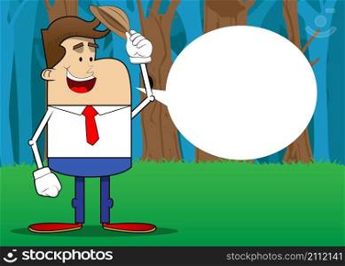 Simple retro cartoon of a businessman tipping his hat. Professional finance employee white wearing shirt with red tie.