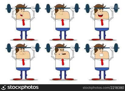 Simple retro cartoon of a businessman weightlifter lifting barbell. Professional finance employee white wearing shirt with red tie.