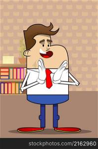 Simple retro cartoon of a businessman with clapping hands. Professional finance employee wearing white shirt with red tie.