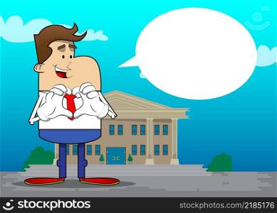 Simple retro cartoon of a businessman with heart shape hand gesture. Professional finance employee white wearing shirt with red tie.