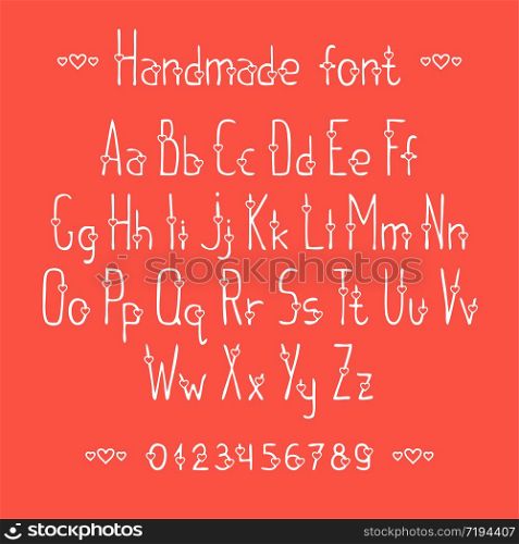Simple romantic hand drawn font with hearts. Complete abc alphabet set. Vector letters and numbers. Doodle typographic symbols.