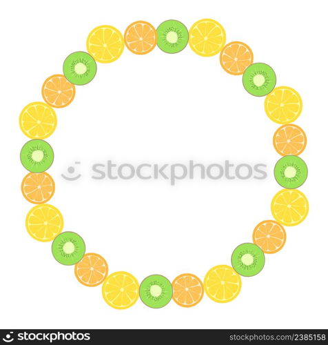 Simple round frame with fruits. Oranges, lemons and kiwi in circle. Vector. Template for design on theme food