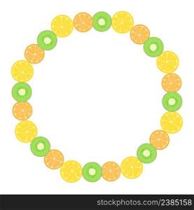 Simple round frame with fruits. Oranges, lemons and kiwi in circle. Vector. Template for design on theme food