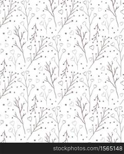 Simple rustic seamless pattern with branches, berries and hearts on a white background. Pencil sketch nature background. Vector gently texture for fabrics, wallpapers and your creativity.. Simple rustic seamless pattern with branches, berries and hearts on a white background. Pencil sketch nature background. Vector gently texture