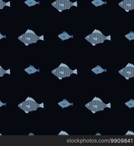 Simple seamless aqua pattern with underwater fish ornament. Black background with blue underwater animal ornament. Designed for wallpaper, textile, wrapping paper, fabric print. Vector illustration.. Simple seamless aqua pattern with underwater fish ornament. Black background with blue underwater animal ornament.