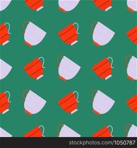 Simple seamless pattern with blue and orange retro tea cups on turquoise background. Endless design for textile, card, cover. Vector illustration.. Simple seamless pattern with blue and orange retro tea cups on turquoise