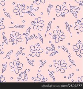 Simple seamless pattern with doodle flowers, leaves and drops. Summer floral print for fabric, paper, stationery. Hand drawn vector illustration for decor and design.