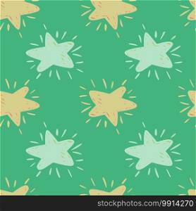 Simple seamless pattern with doodle stars elements. Blue and orange pastel shapes on green background. Perfect for wallpaper, textile, wrapping paper, fabric print. Vector illustration.. Simple seamless pattern with doodle stars elements. Blue and orange pastel shapes on green background.