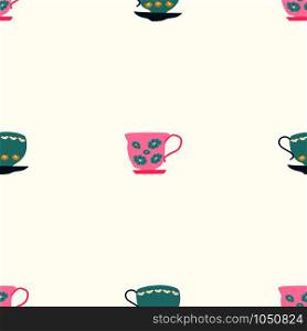Simple seamless pattern with teal and pink retro tea cups on white background. Endless design for textile, card, cover. Vector illustration.. Simple seamless pattern with teal and pink retro tea cups on white