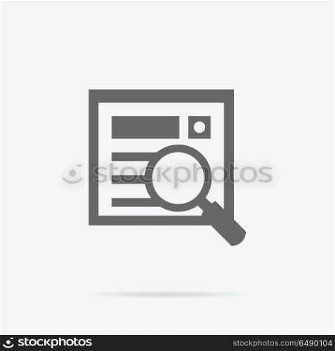 Simple Searching Icon Illustration in Flat Design.. Simple searching icon. Grey line pictogram of magnifying glass and document with shadow under it. Vector illustration for data searching services, applications icons, logo and web page design.