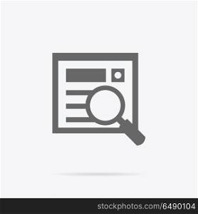 Simple Searching Icon Illustration in Flat Design.. Simple searching icon. Grey line pictogram of magnifying glass and document with shadow under it. Vector illustration for data searching services, applications icons, logo and web page design.