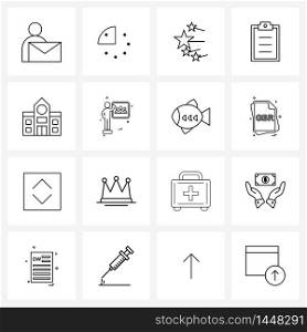 Simple Set of 16 Line Icons such as library, college, shining stars, building, text Vector Illustration